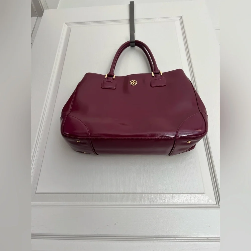 Tory Burch Burgundy Patent Leather Tote Structured Work Bag